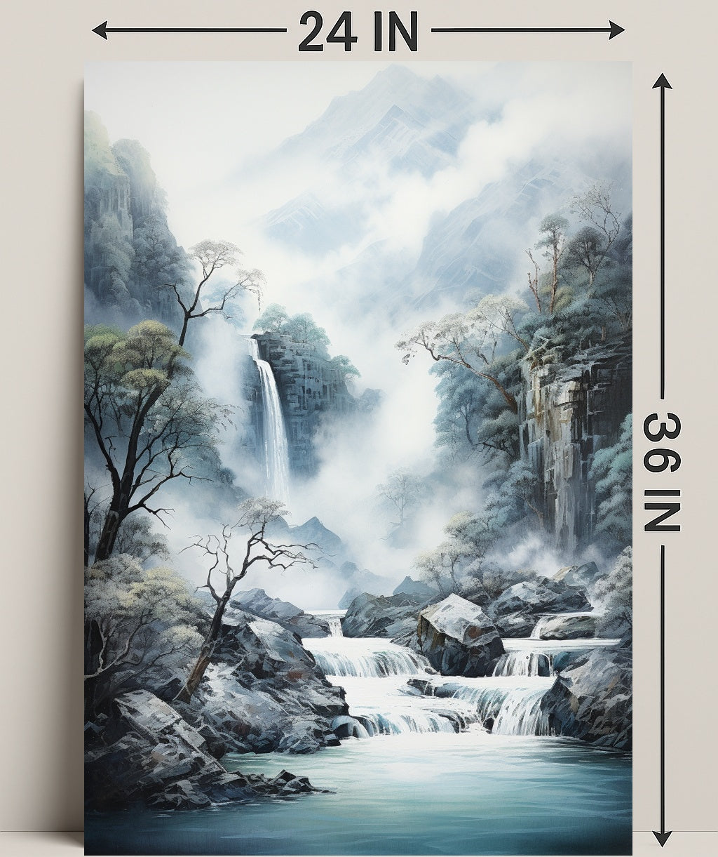 Tranquil Waterfall In Misty Mountains Poster