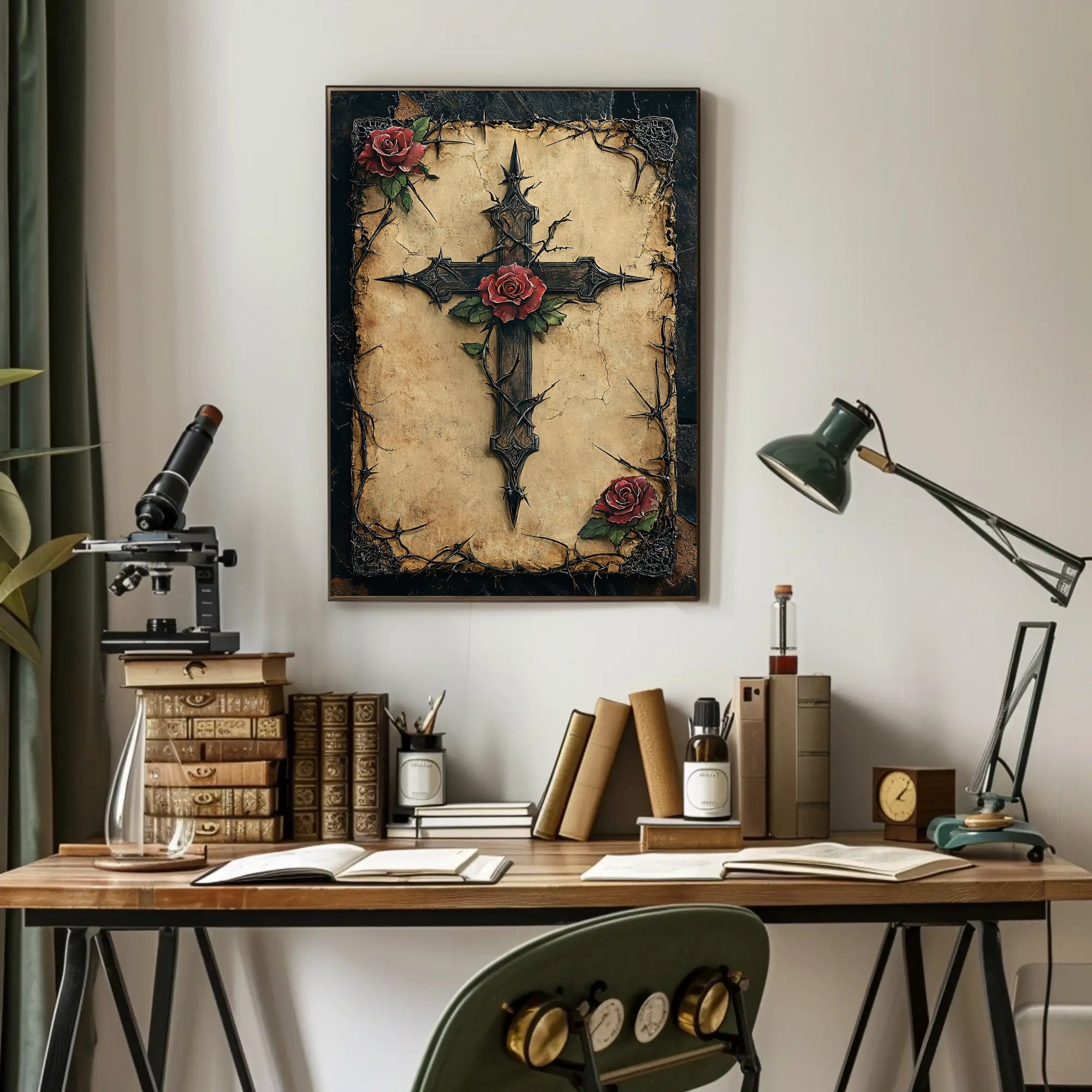 Thorned Cross And Roses Poster