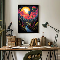 Vibrant Surreal Landscape Poster with Hot Air Balloons