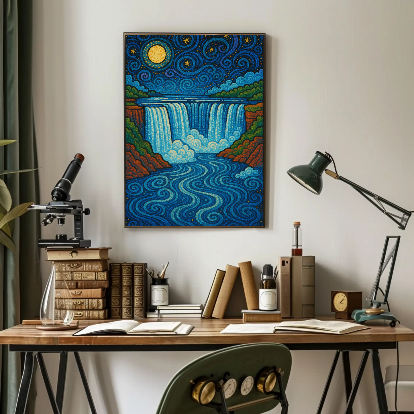 Starry Waterfall Night Moon Swirling Travel Poster