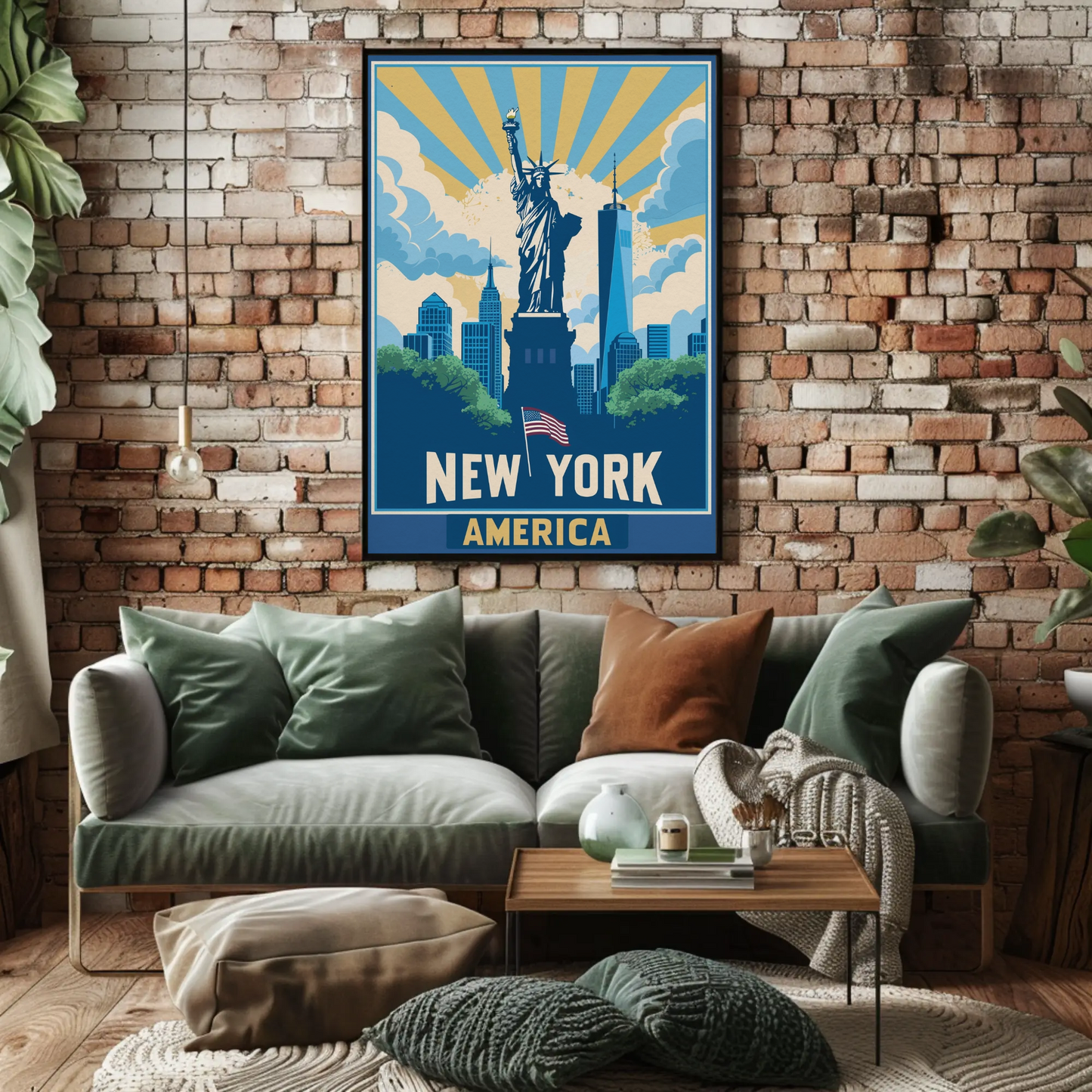 New York America Skyline Liberty Sunrise Vintage Travel Poster