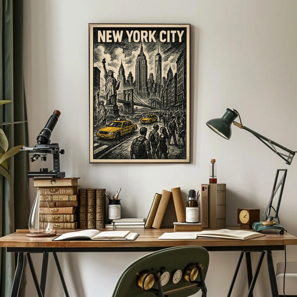 New York City Poster Vintage Travel Skyline Sketch Wall Art
