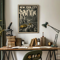 New York City Poster Vintage Travel Skyline Sketch Wall Art