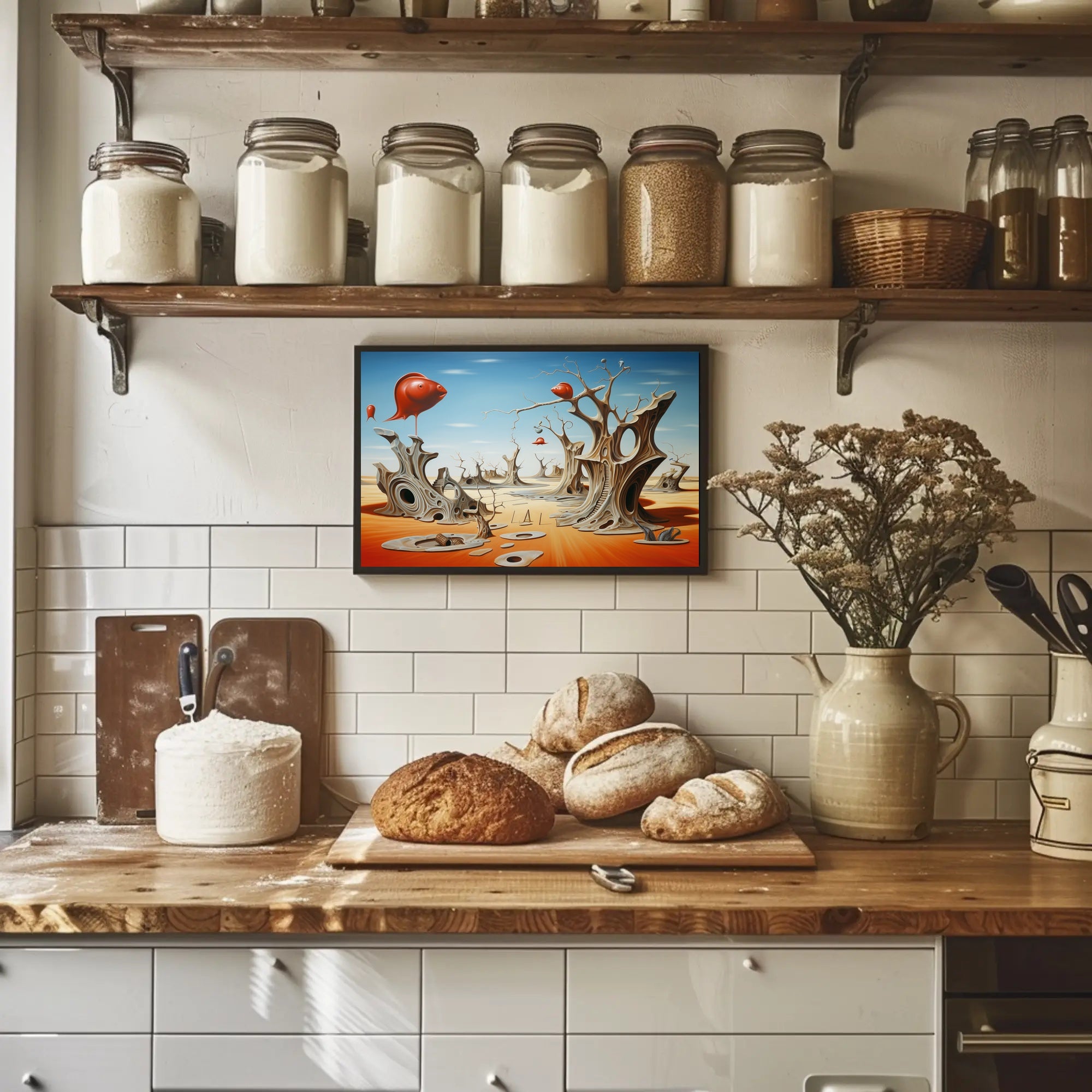 Surreal Desert Dreamscape With Whimsical Fish Objects - Artistic Poster