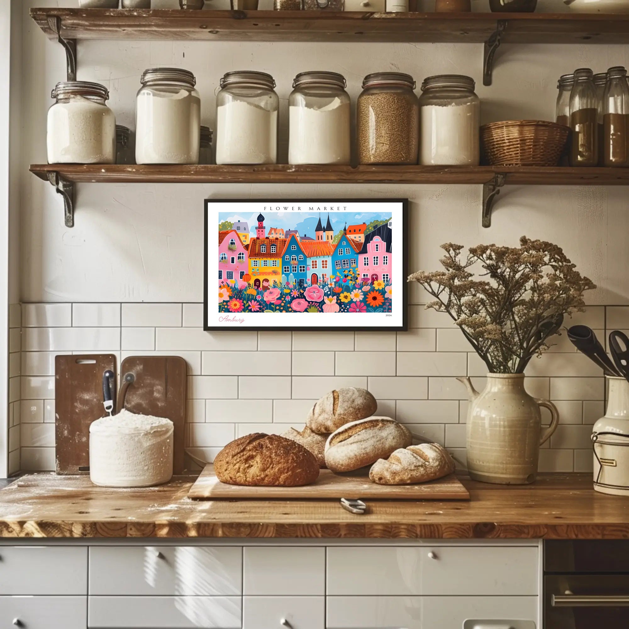 Colorful Flower Market Scene Poster PosterGoat