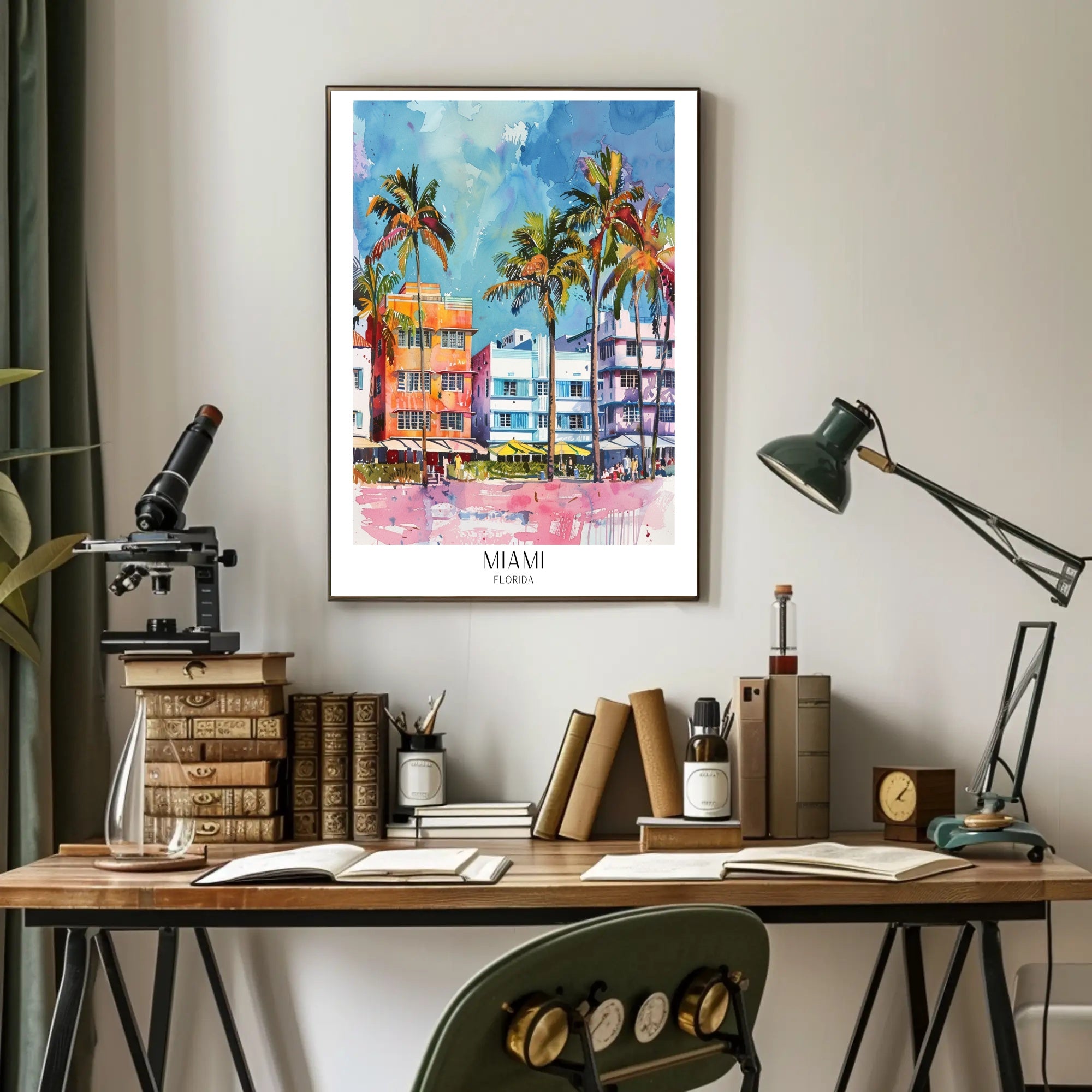 Miami Art Deco Street Scene Vibrant Travel Poster PosterGoat