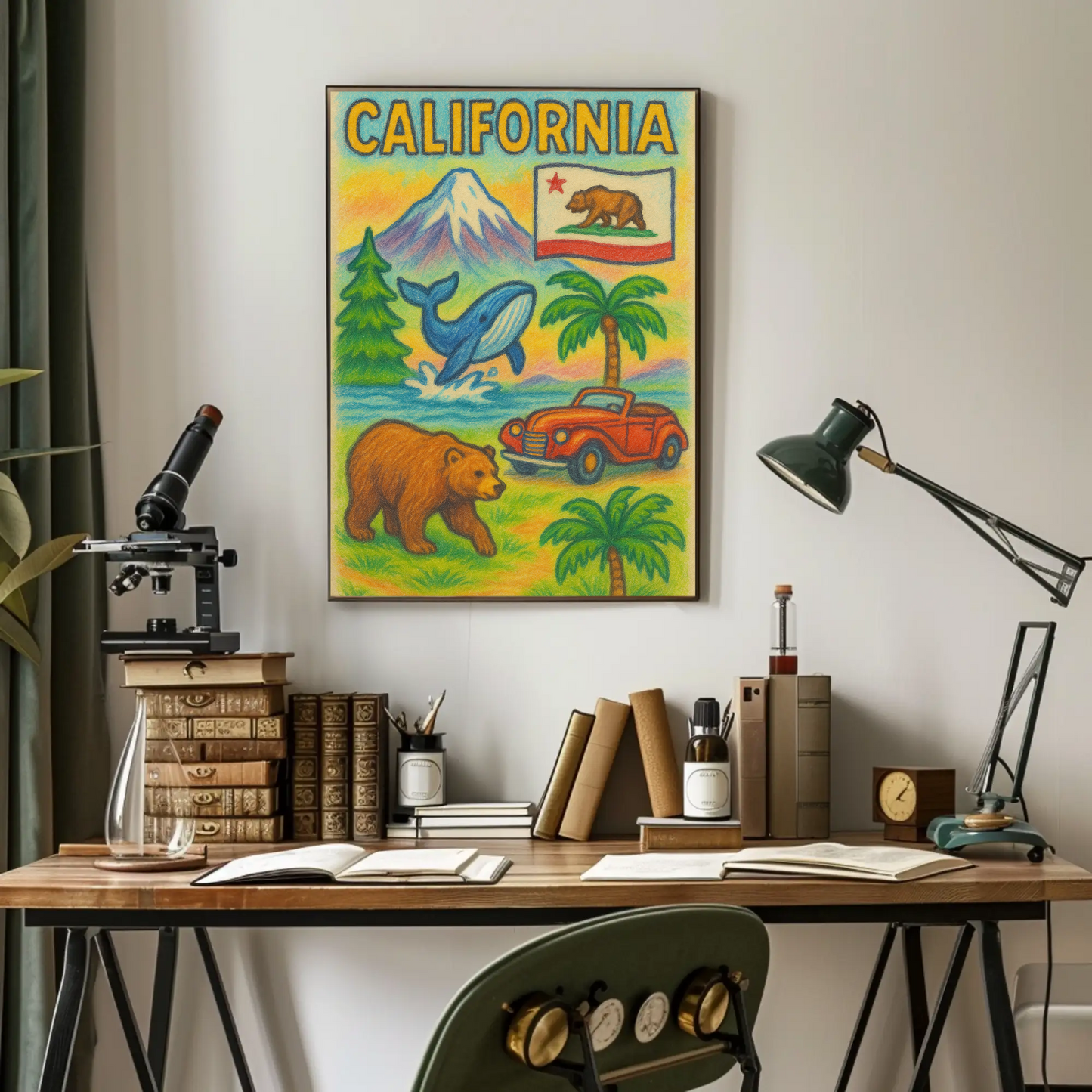 California Bear Whale Redwood Vintage Travel Poster