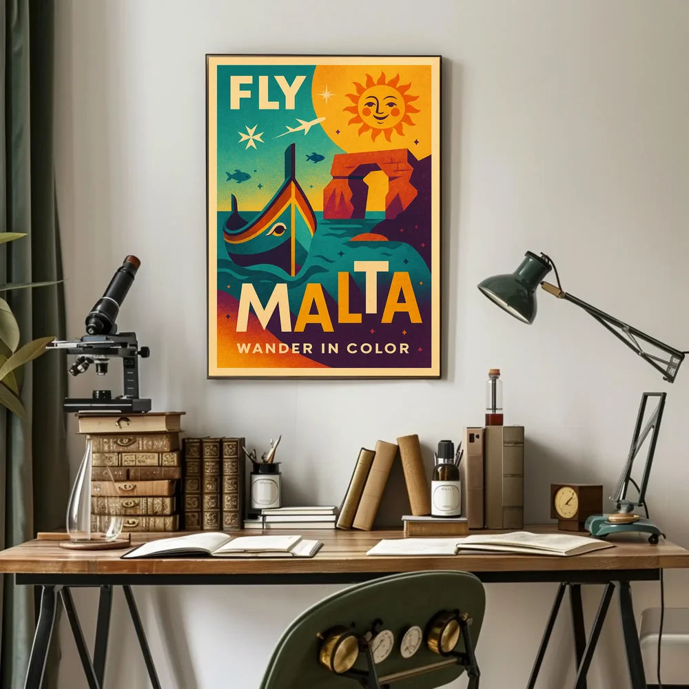 FLY MALTA Vibrant Retro Travel Adventure Poster PosterGoat