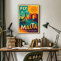 FLY MALTA Vibrant Retro Travel Adventure Poster PosterGoat