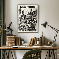 New York City Iconic Landmarks Poster Vintage Wall Art