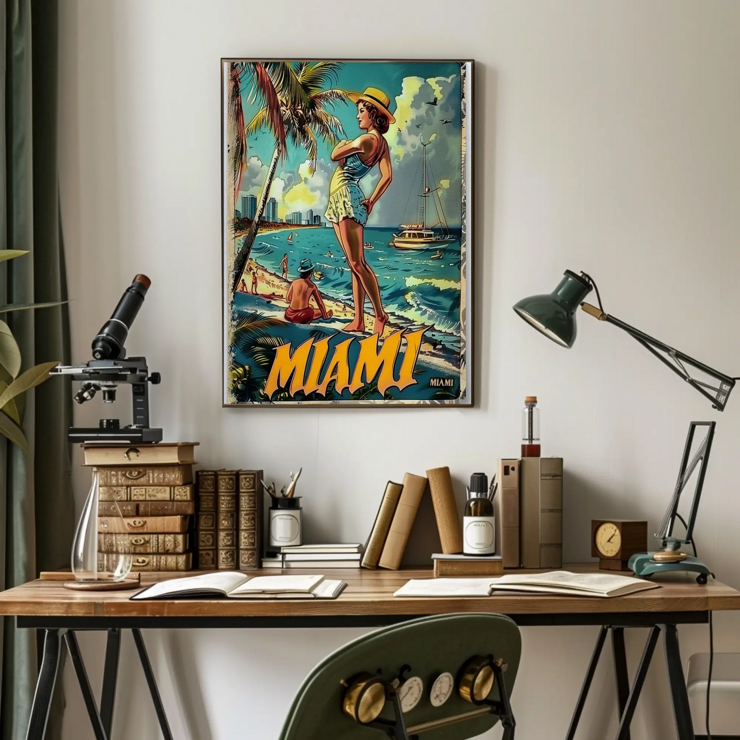 Miami Vintage Beach Scene Palm Trees Skyline Travel Poster