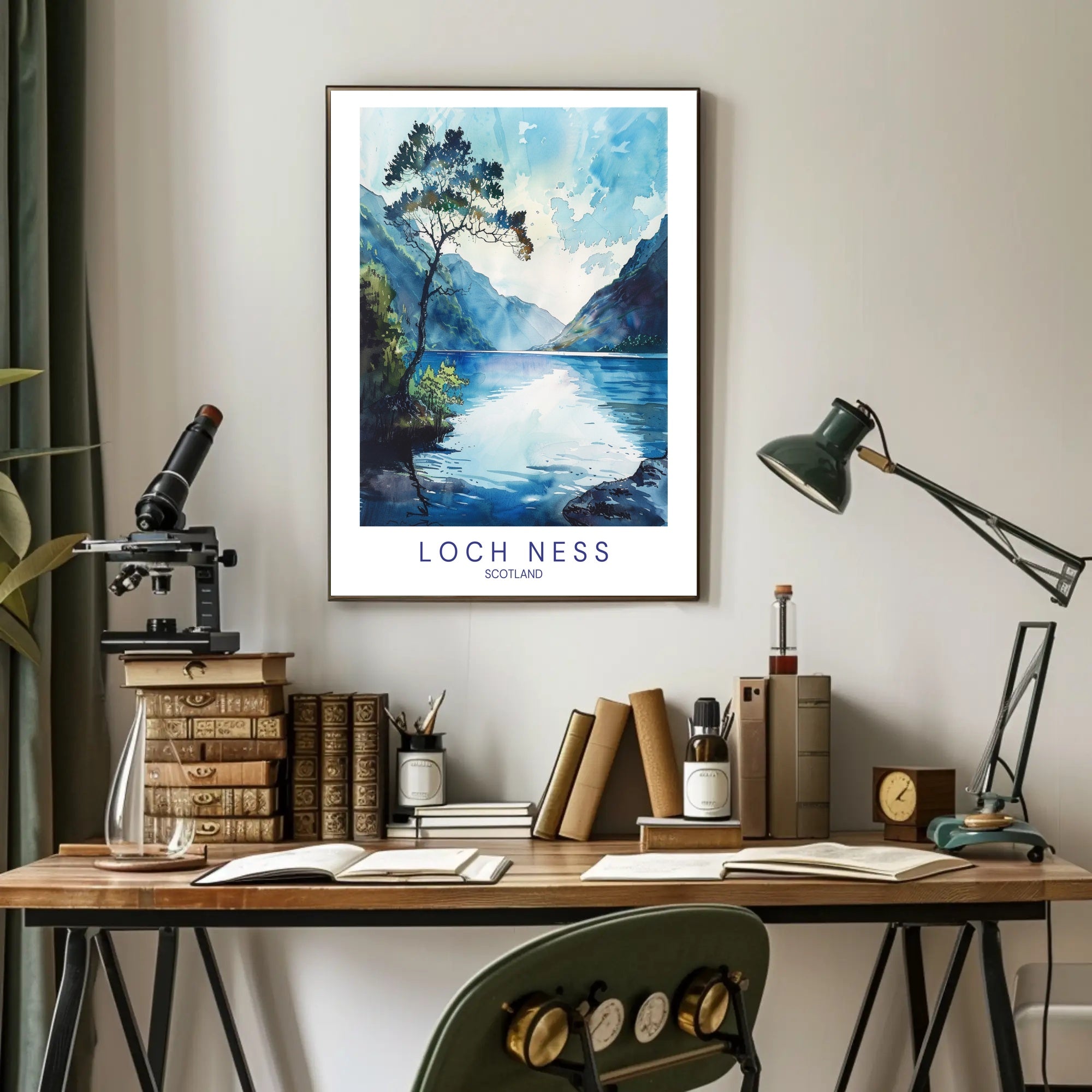 Serene Loch Ness Watercolor Landscape Travel Poster PosterGoat