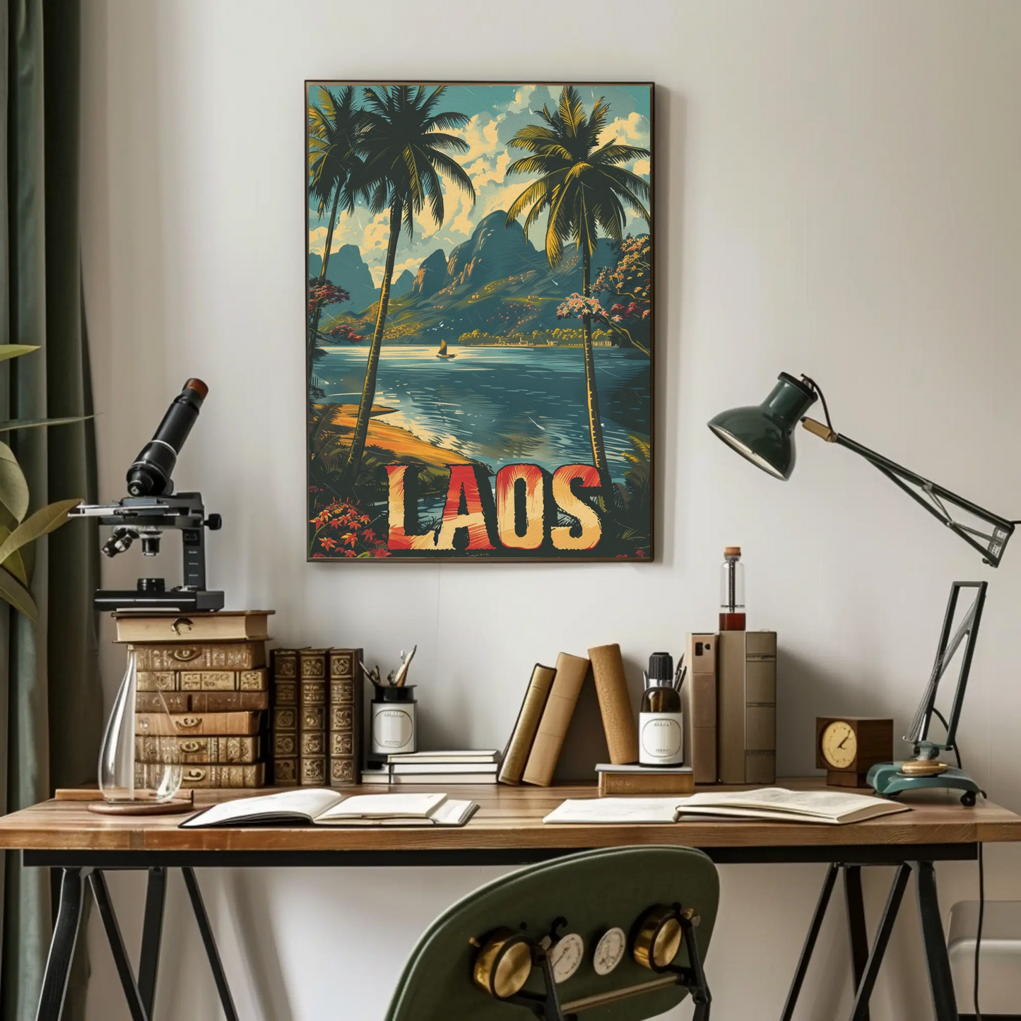 Laos Palm Trees River Mountain Jungle View Travel Poster