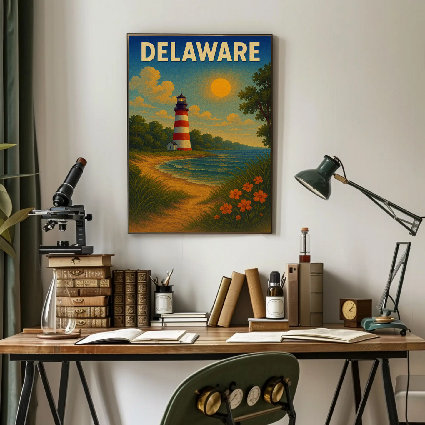 Delaware Striped Lighthouse Sunset Beach Travel Poster