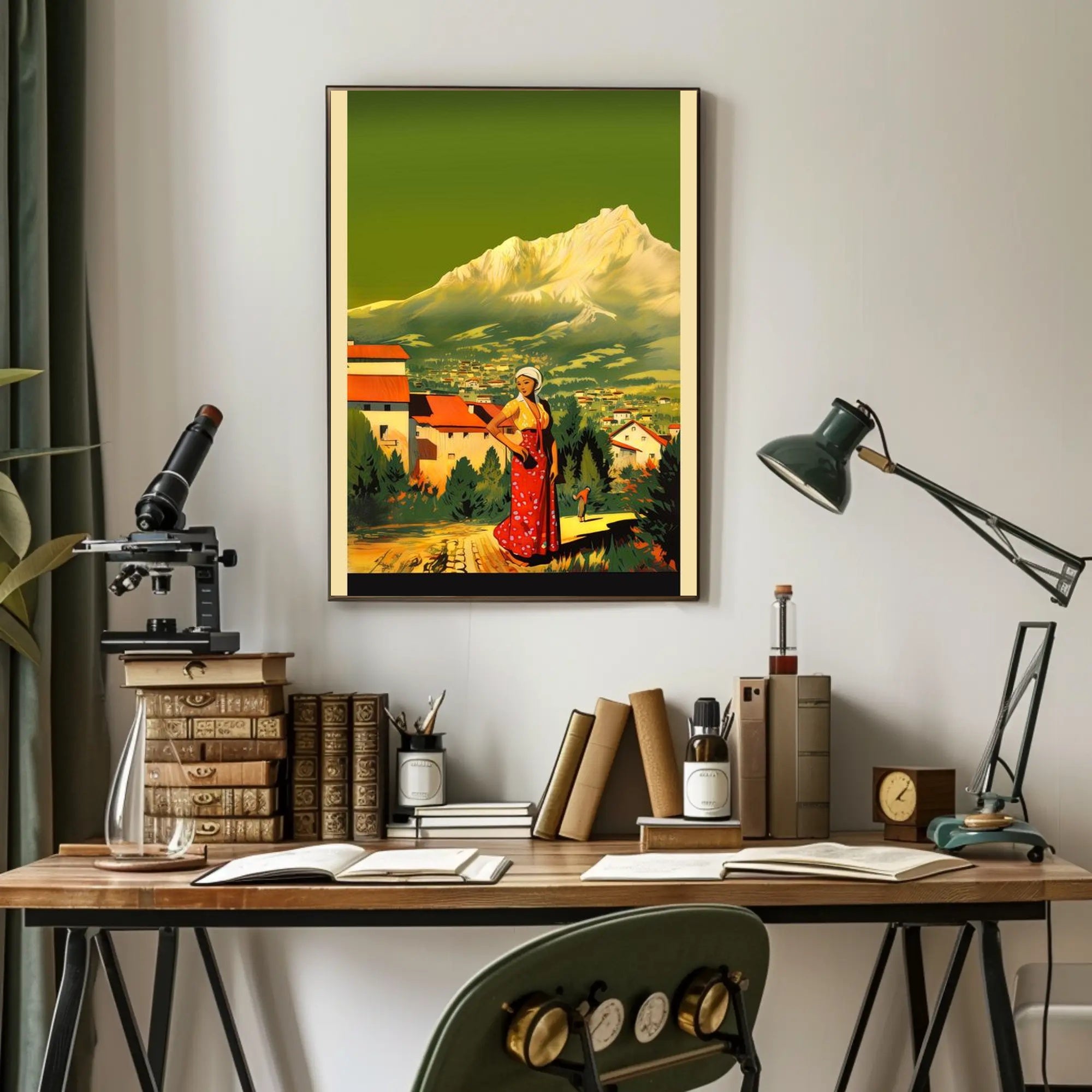 Serene Mountain Village with Traditional Attire Poster