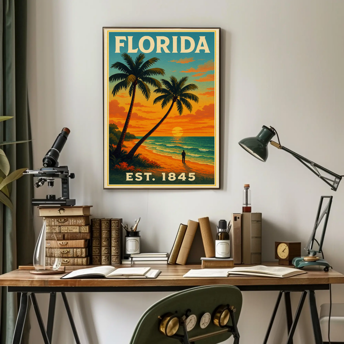 Florida Sunset Beach Walk Palms Horizon Travel Poster