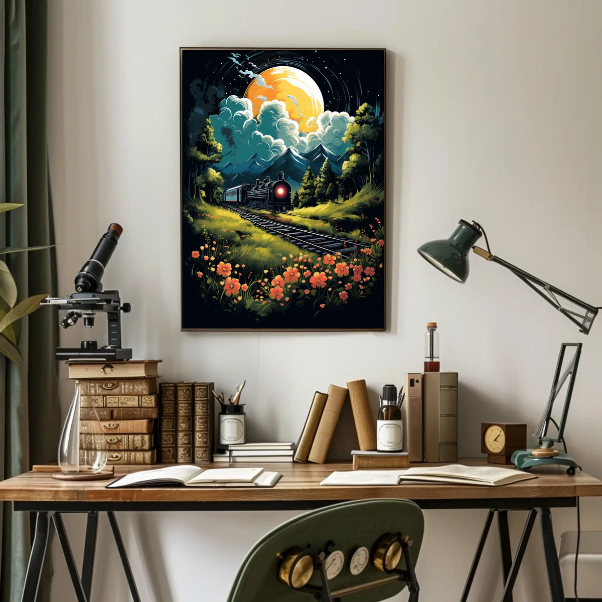 Moonlit Journey Vintage Train Surrealism Floral Meadow Night Travel Nostalgic Romance Poster