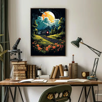 Moonlit Journey Vintage Train Surrealism Floral Meadow Night Travel Nostalgic Romance Poster