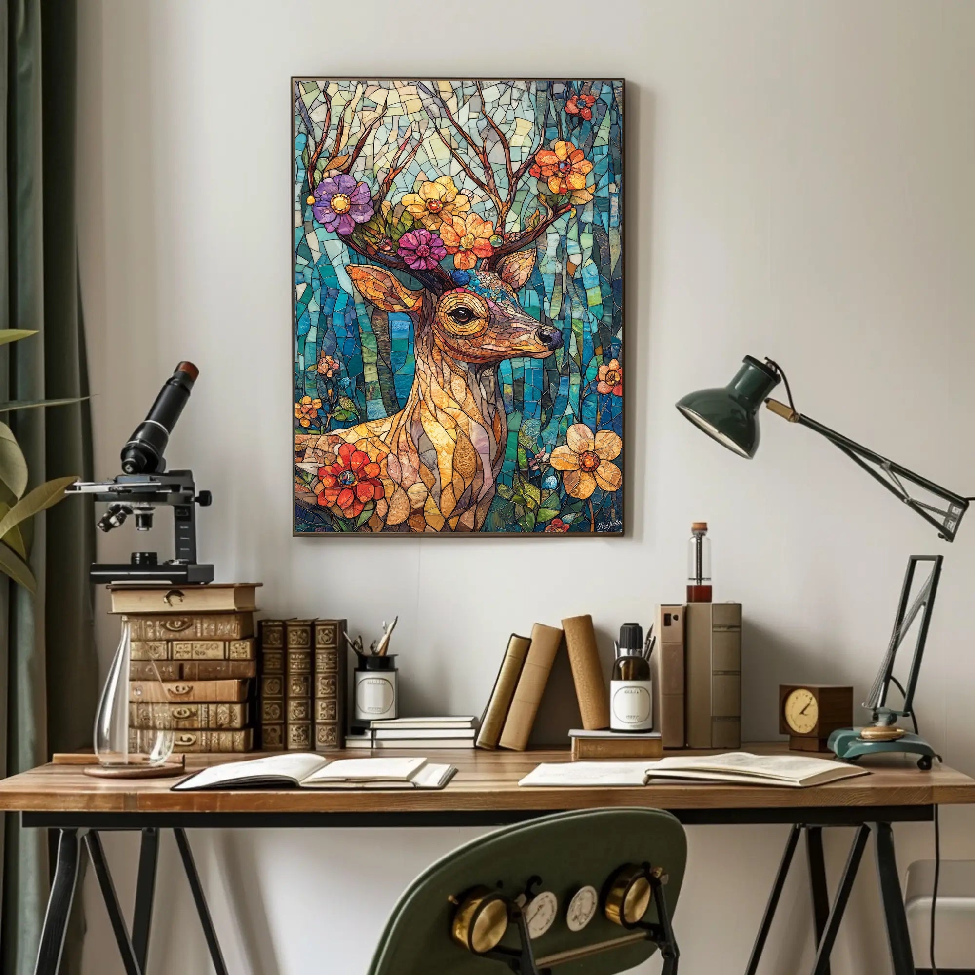 Deer in Vibrant Stained Glass Art Poster