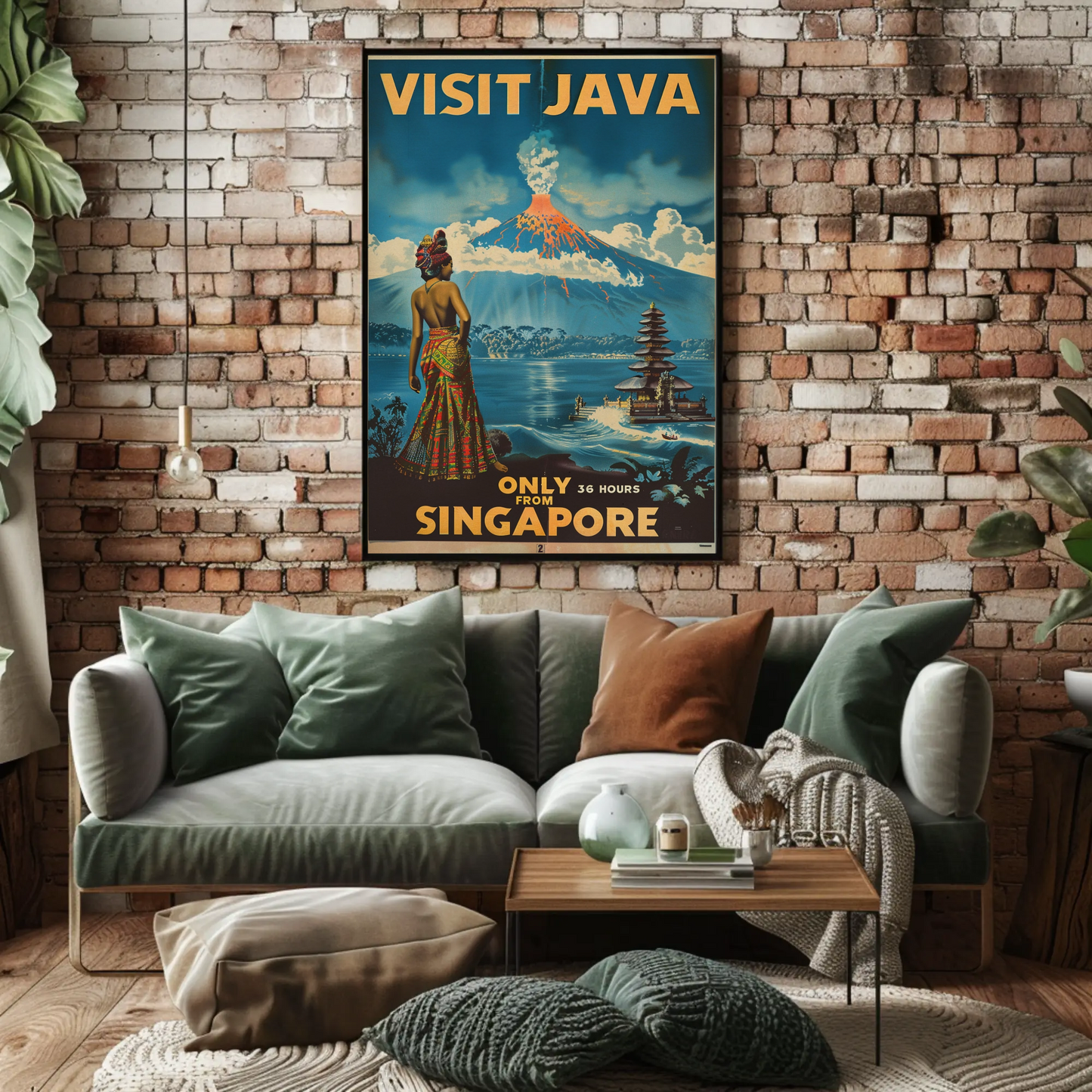 Visit Java Volcano Temple Woman View Vintage Travel Poster