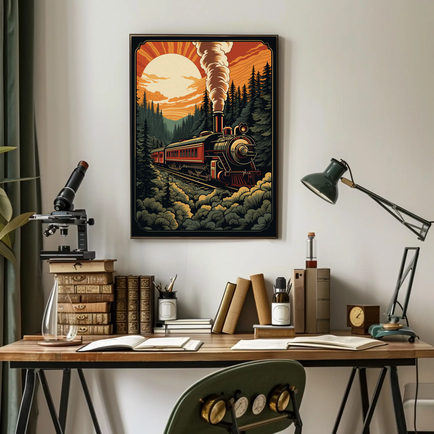 Vintage Steam Train Forest Railway Sunset Travel Poster