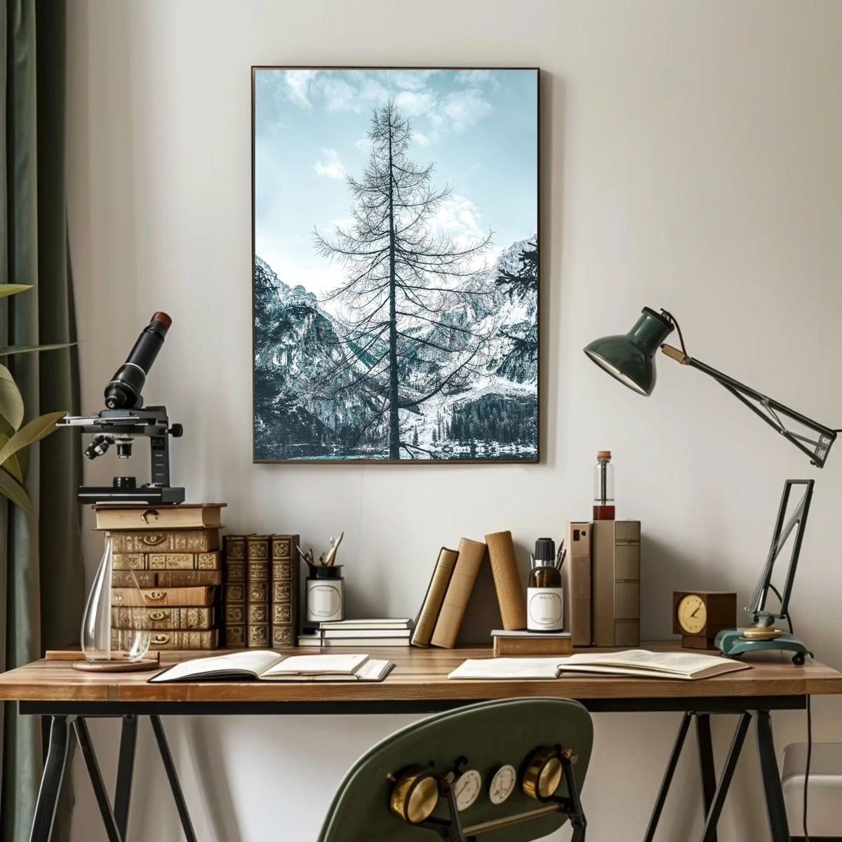 Majestic Winter Tree Against Mountain Landscape Poster
