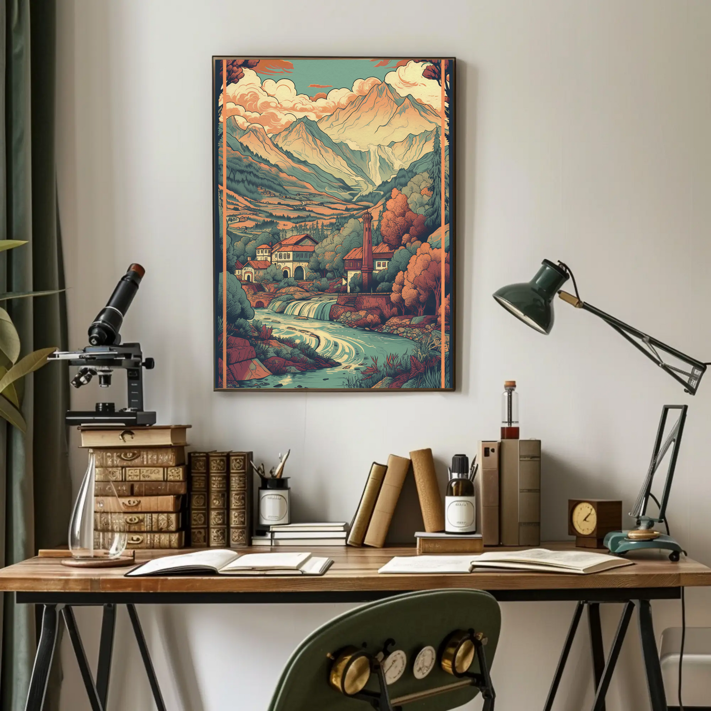 Alpine Village Waterfall And Peaks Travel Poster