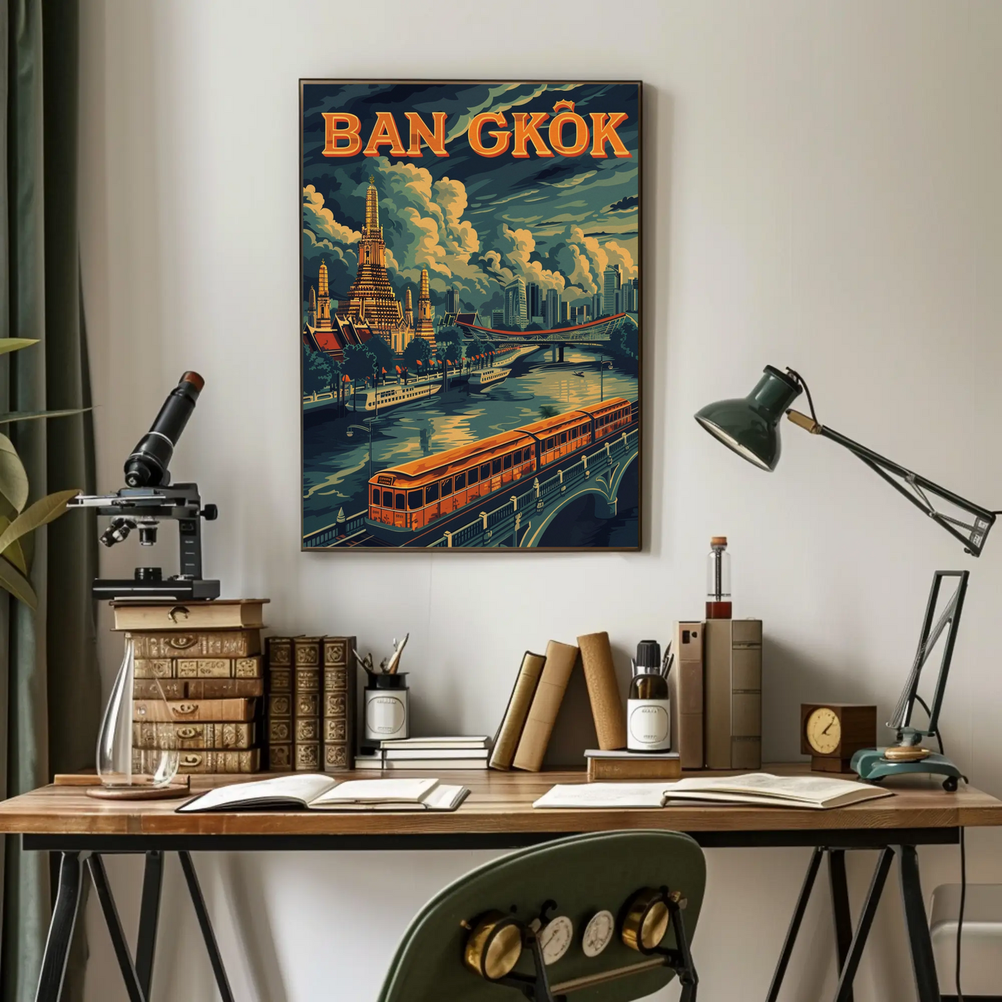 Bangkok Golden Temple River Train Skyline Scene Travel Poster