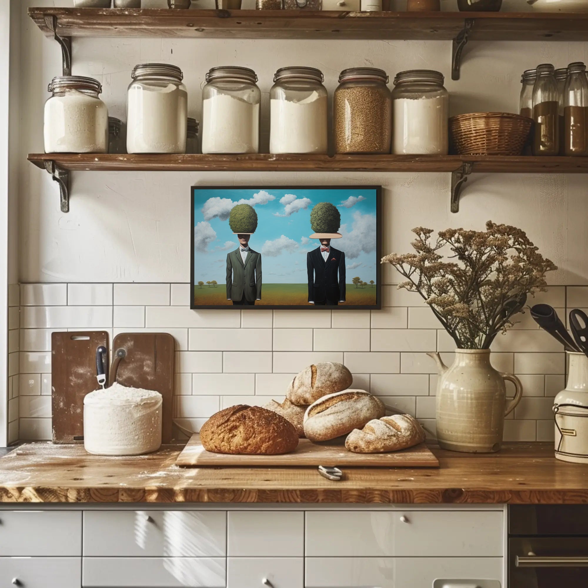 Surreal Suited Figures Artistic Poster Under Blue Sky