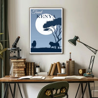 Kenya Silhouette Travel Print with Majestic Lions and Moonlight