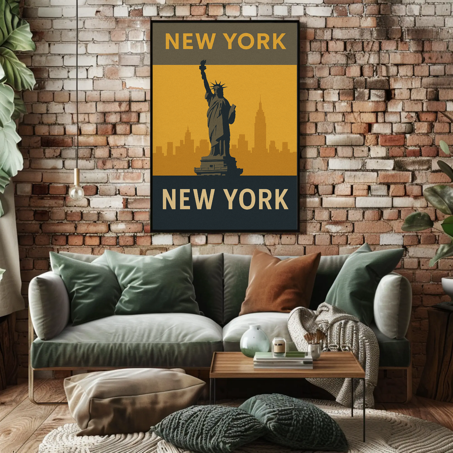 New York City Statue Skyline Yellow Vintage Travel Poster