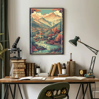 Serene Mountain Village: Tranquil Escape with Cascading River Poster
