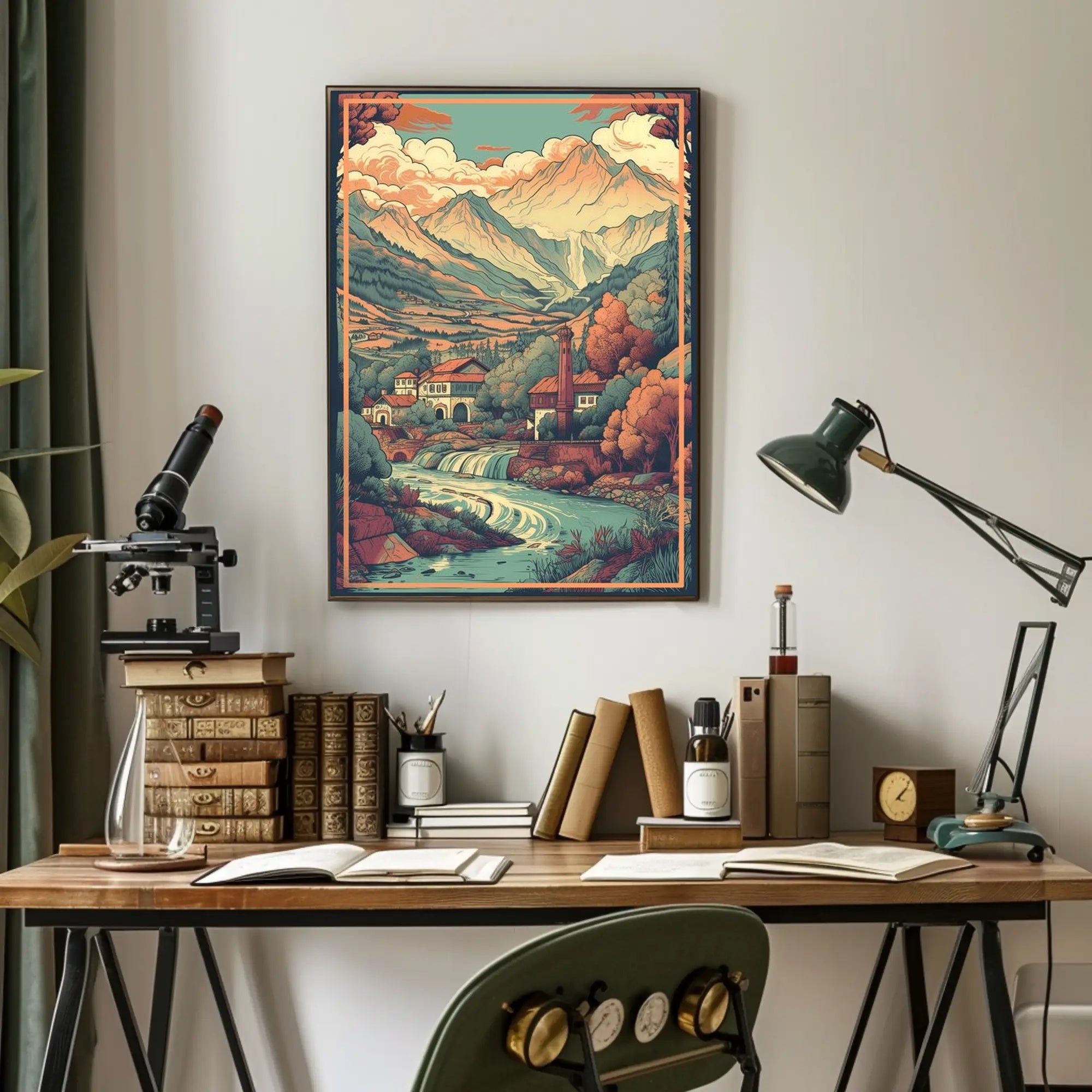Serene Mountain Village: Tranquil Escape with Cascading River Poster