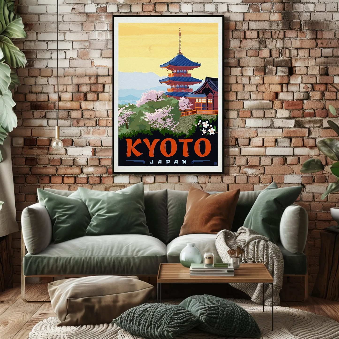 Kyoto Japan Pagoda Cherry Blossoms Temple Scene Vintage Travel Poster