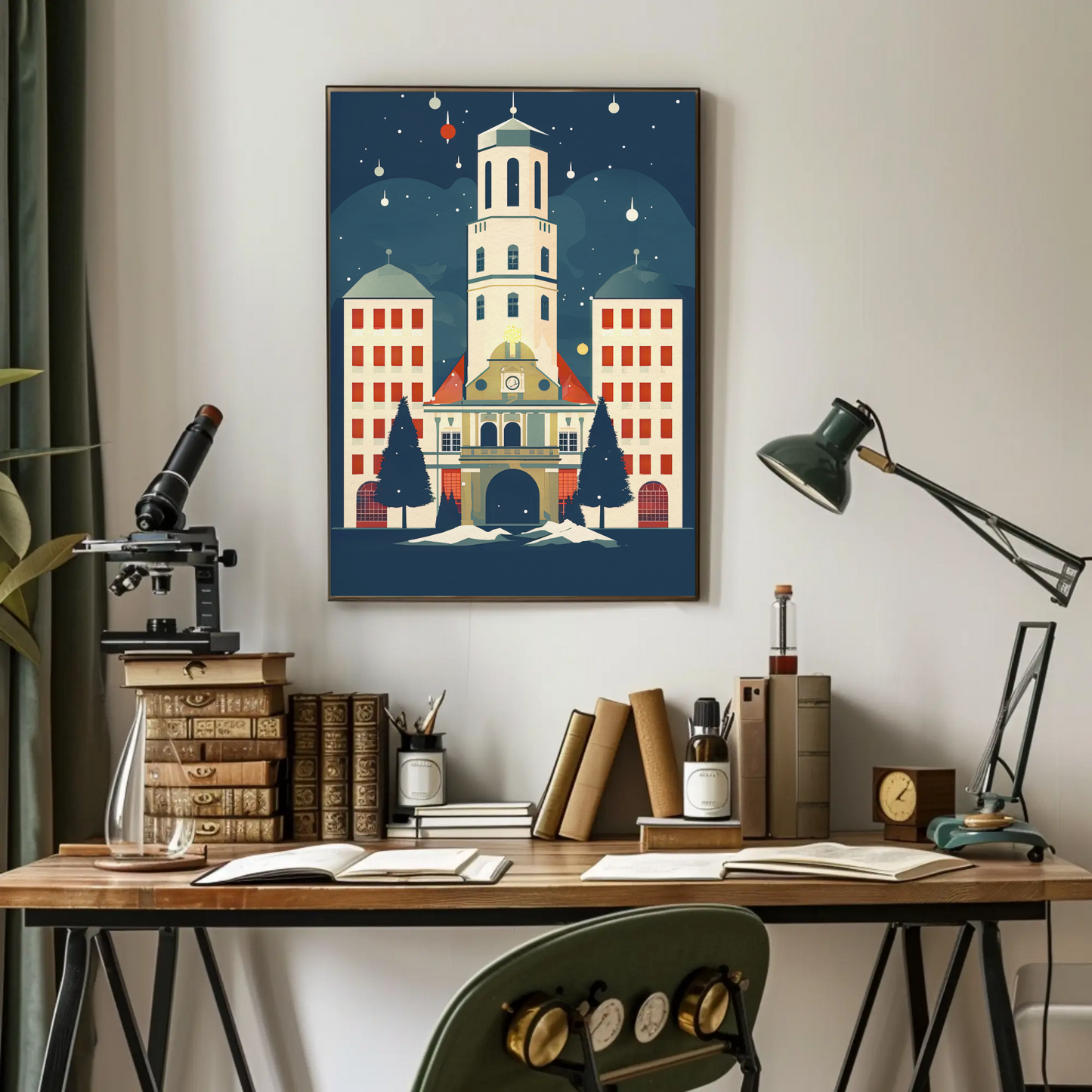 Winter Town Hall Scene With Stars Travel Poster