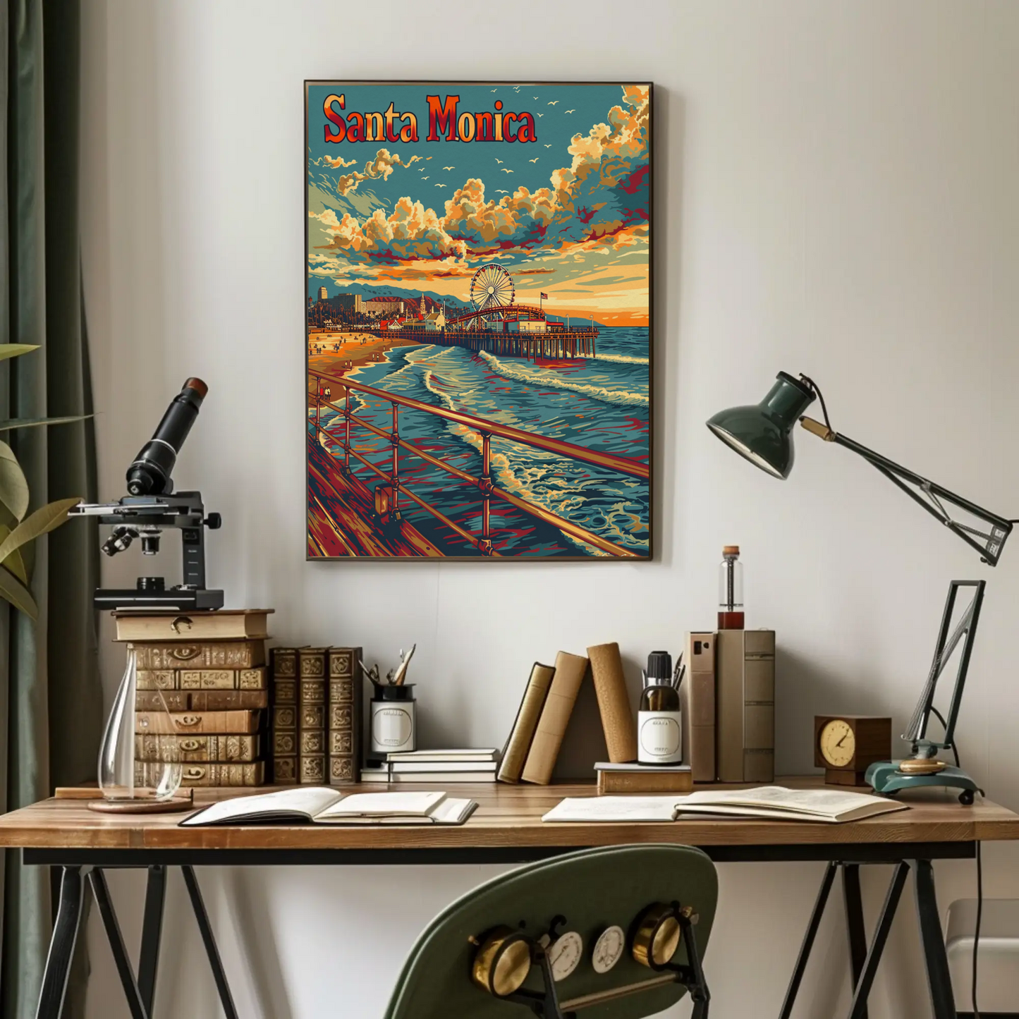 Santa Monica Sunset Pier and Surf Travel Poster
