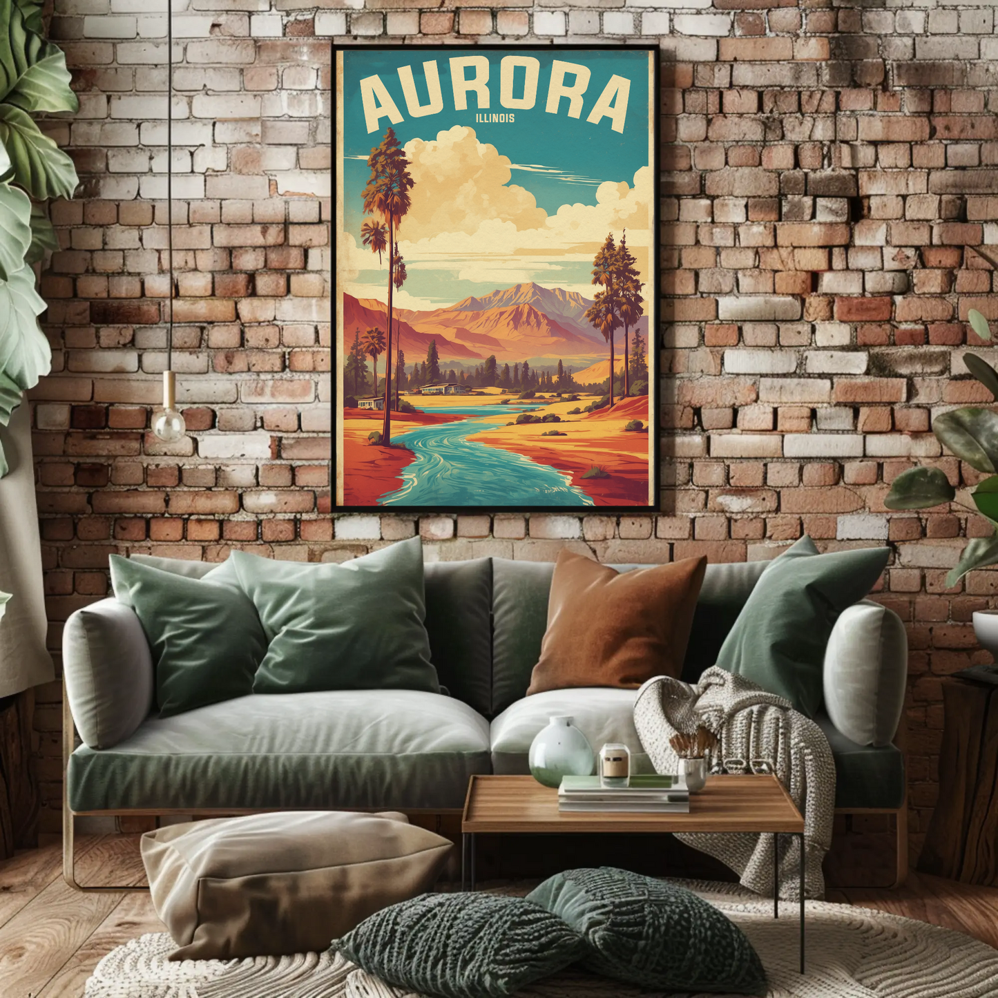 Aurora Illinois River Horizon Vintage Travel Poster