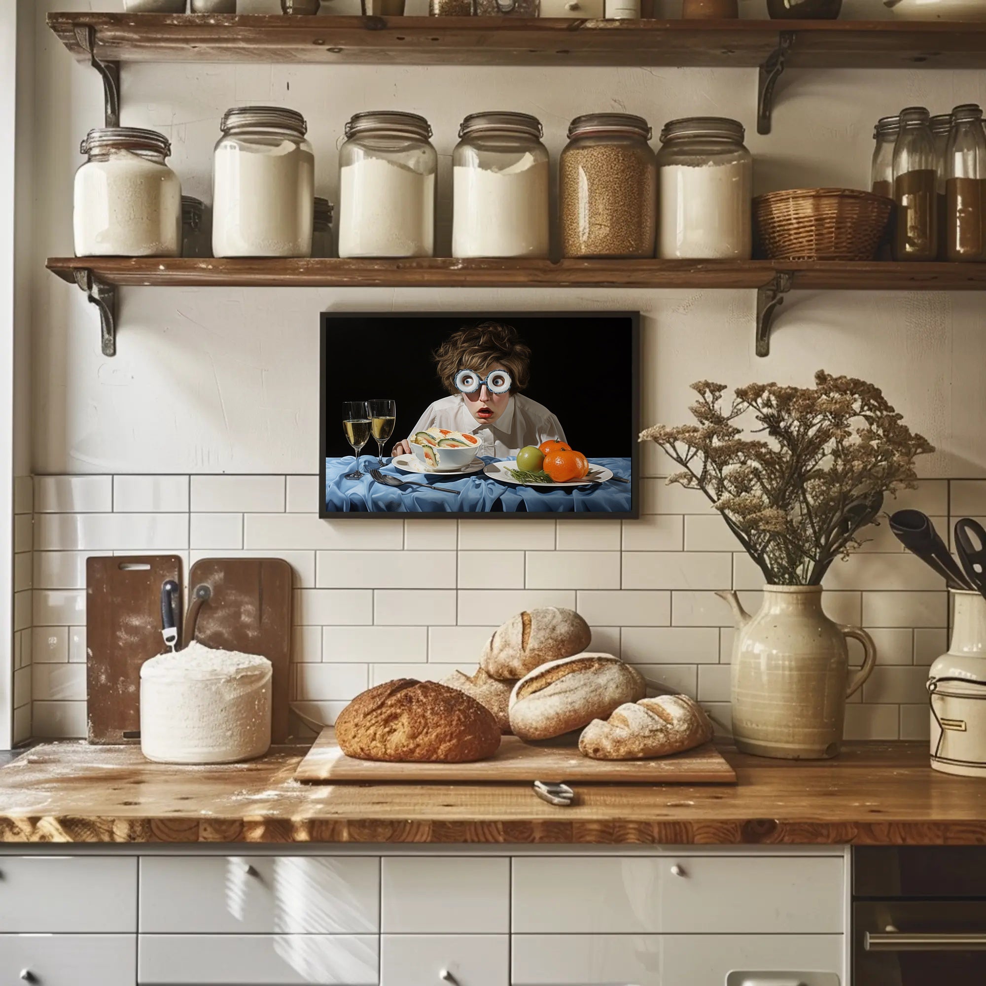 Surprised Dining Experience in Surreal Artistic Poster