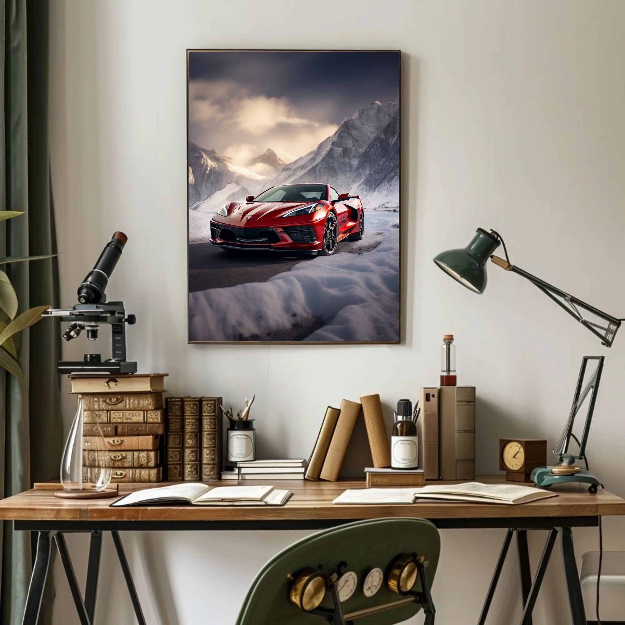 Red Sports Car in Snowy Mountains Poster PosterGoat