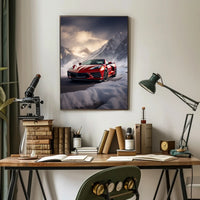 Red Sports Car in Snowy Mountains Poster PosterGoat