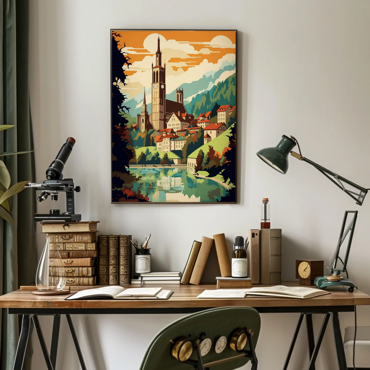 Alpine Village Church Tower Mountain View Travel Poster