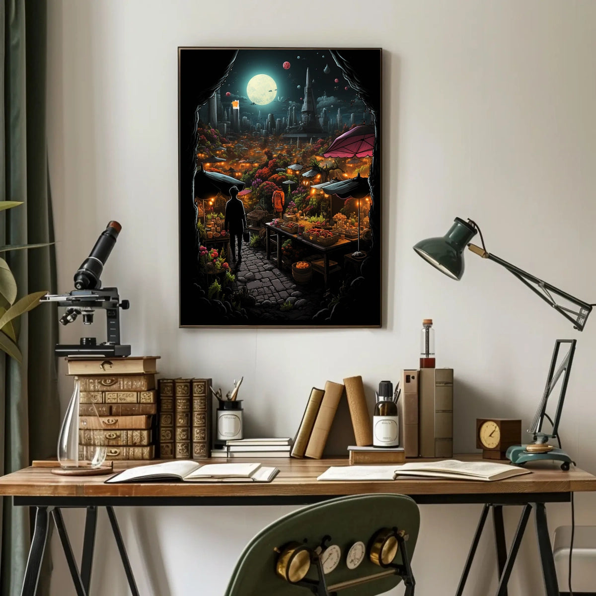 Moonlit Market In A Futuristic City Poster