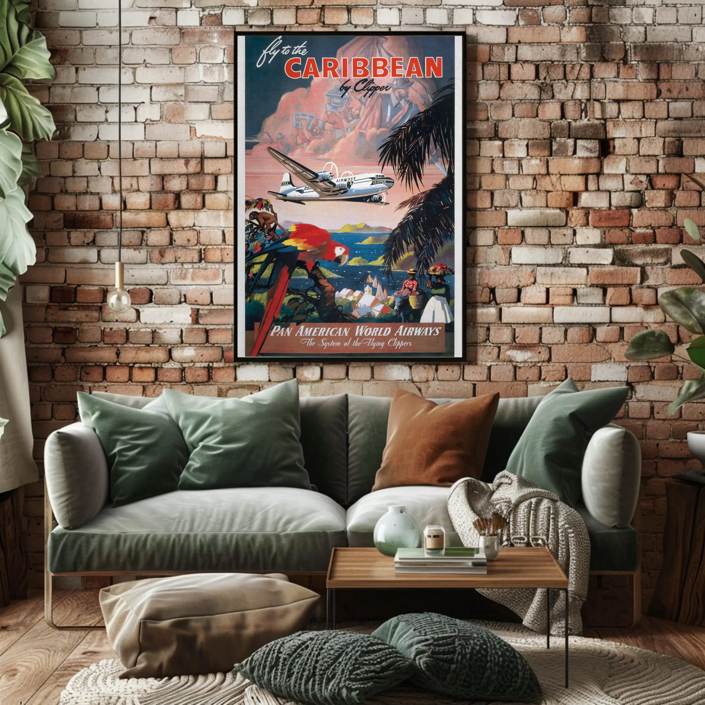 1940s Fly to the Caribbean Vintage Style Tropical Travel Poster