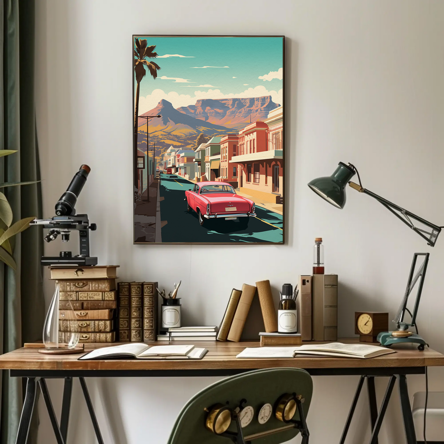 Cape Town Retro Car Colorful Buildings Scenic Travel Poster