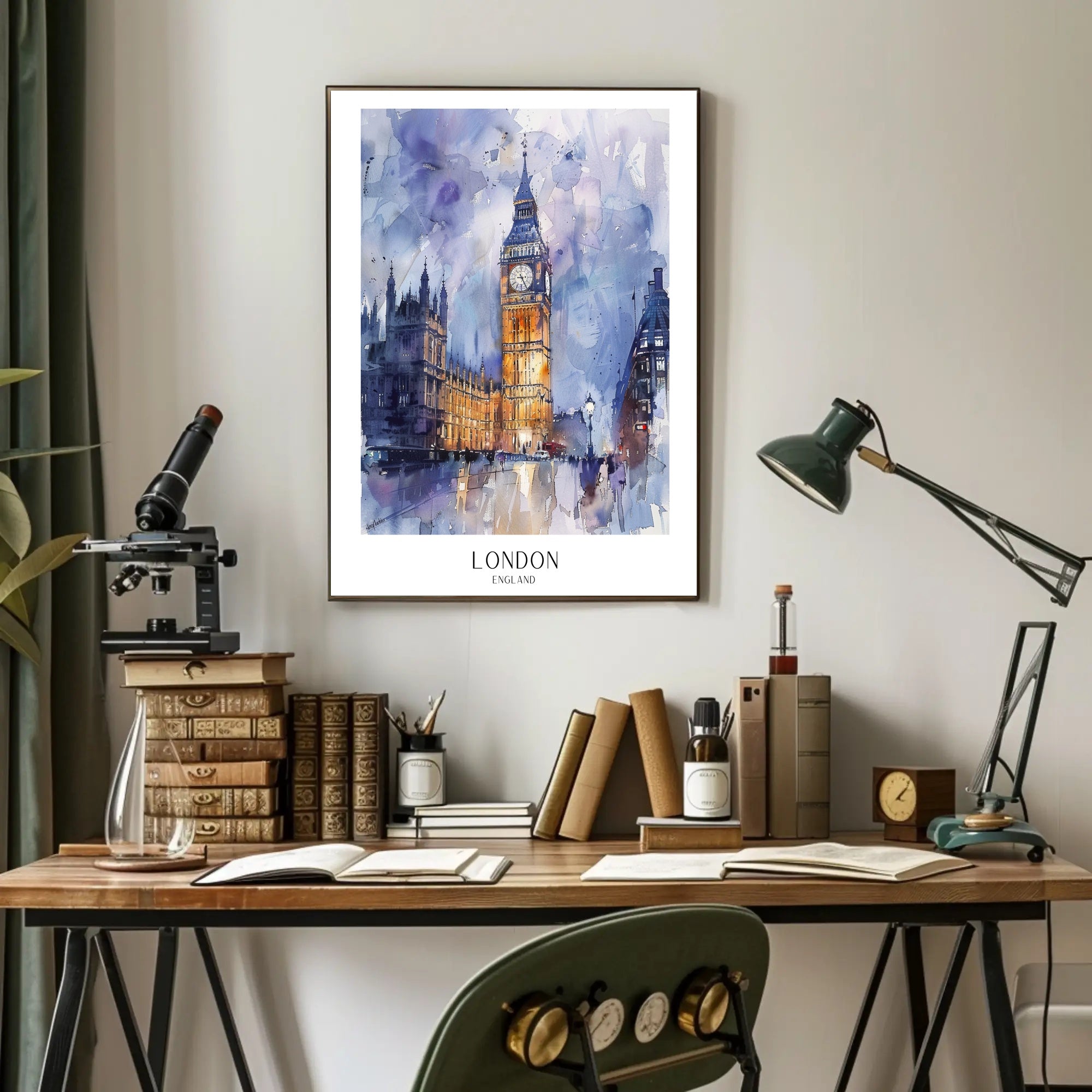 London Watercolor Cityscape: Big Ben & Parliament Travel Poster PosterGoat