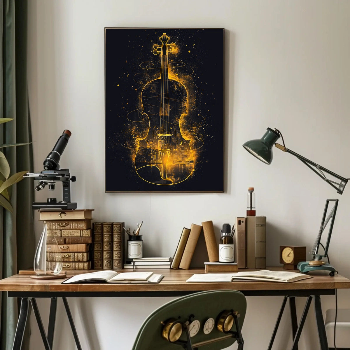 City Symphony Violin Skyline Art Deco Poster
