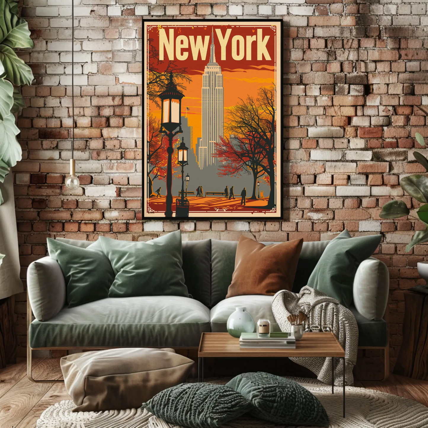 New York Orange Sky Autumn Cityscape Vintage Travel Poster