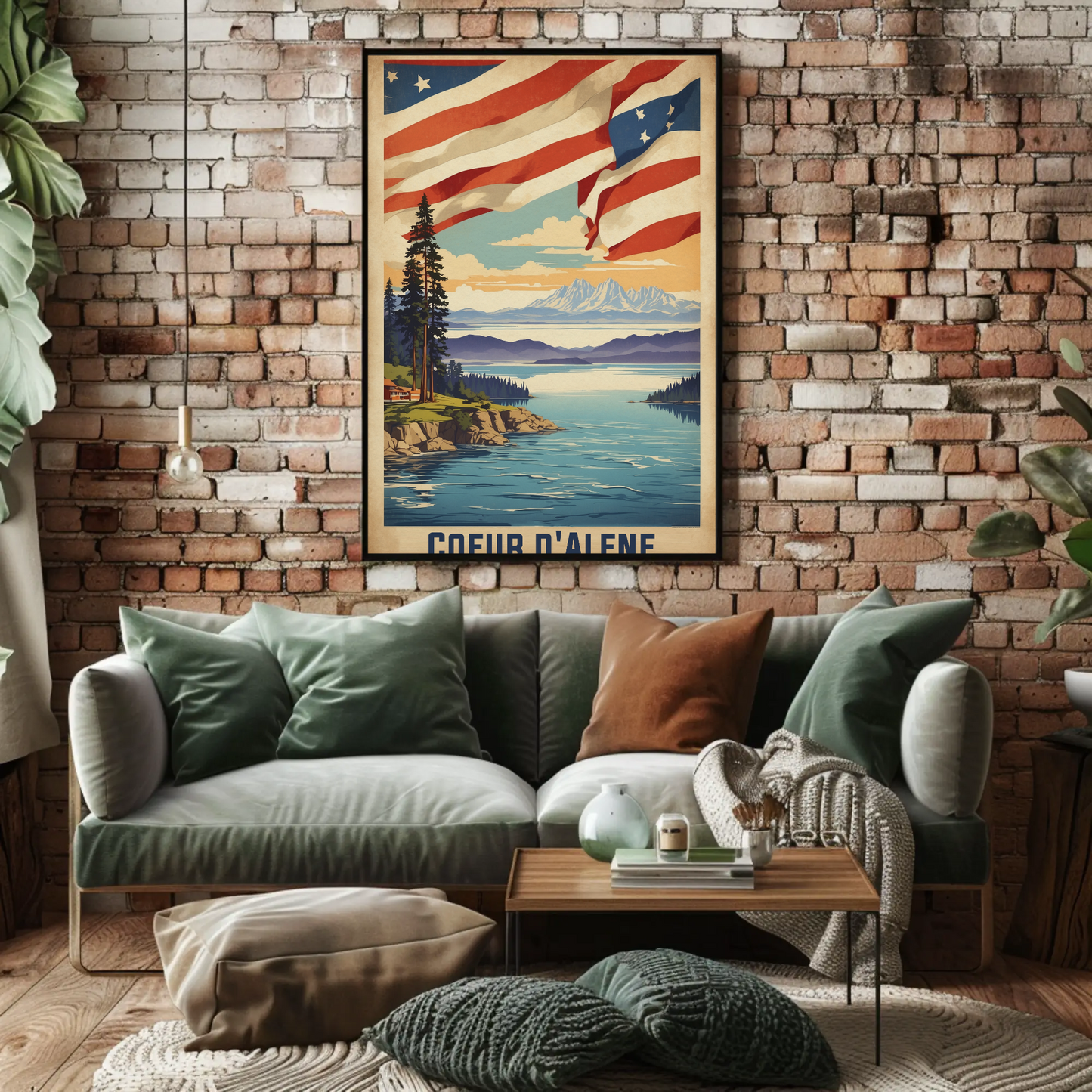 Coeur d'Alene Idaho Lake Mountains Flag Vintage Travel Poster