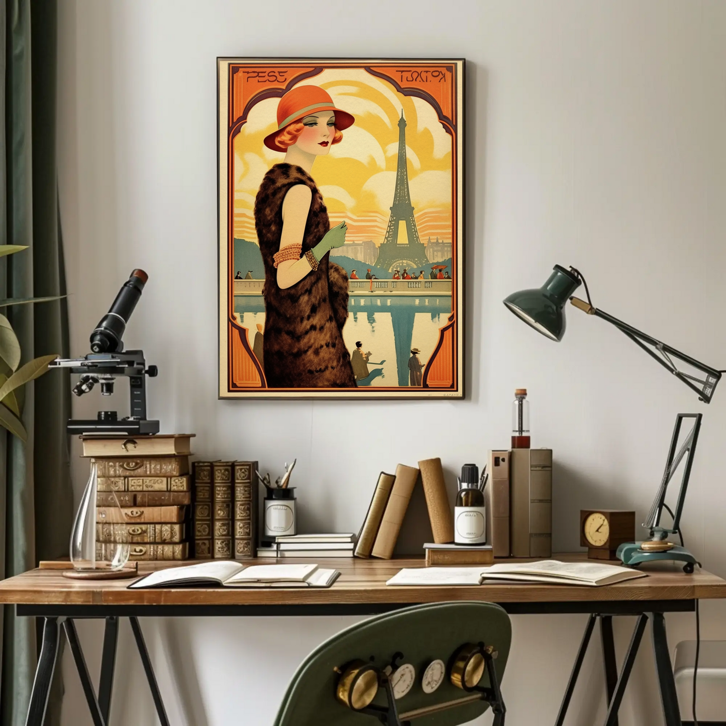 Paris Eiffel Tower Art Deco Lady Fashion Travel Poster