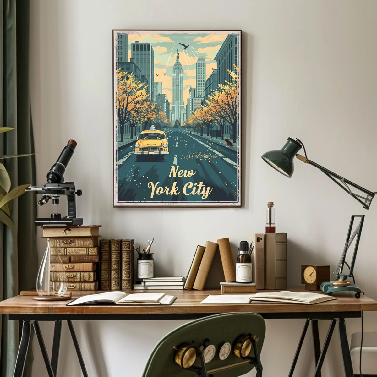 New York City Autumn Taxi Skyline Poster Vintage Wall Art
